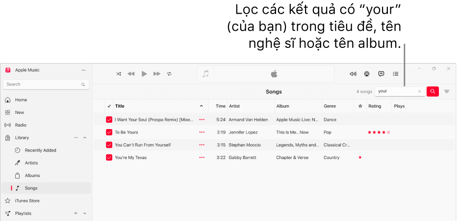 Cửa sổ Apple Music đang hiển thị danh sách các bài hát xuất hiện khi bạn nhập “love” vào trường bộ lọc ở góc trên cùng bên phải. Các bài hát trong danh sách có từ “love“ trong tiêu đề, tên nghệ sĩ hoặc tên album.