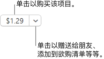 显示价格的按钮。选择价格以购买该项目。选择价格旁边的箭头以将该项目赠送给朋友、添加到欲购清单等等。