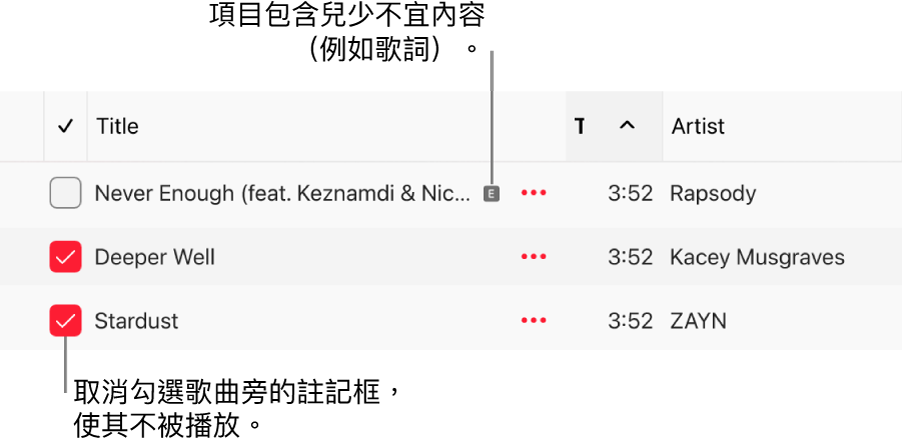 Apple Music 中的歌曲清單詳細資訊，顯示註記框且第一首歌顯示兒少不宜符號（表示包含兒少不宜的內容，例如歌詞）。取消選取歌曲旁的註記框以避免播放該首歌曲。
