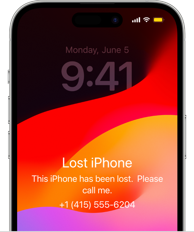 An iPhone Lock Screen with the message: “Lost iPhone. This iPhone has been lost. Please call me. (669) 555-3691.”