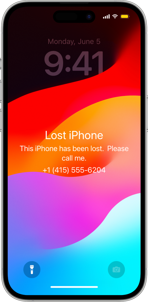 An iPhone Lock Screen with the message: “Lost iPhone. This iPhone has been lost. Please call me. +1 (415) 555-6204.”