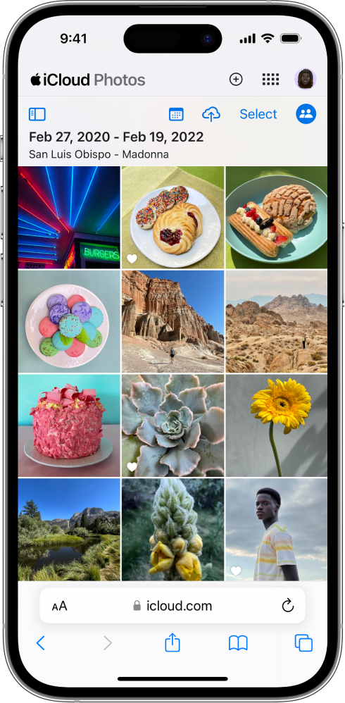 iCloud Photos is open on iCloud.com on an iPhone, and shows a library containing a collection of photos.