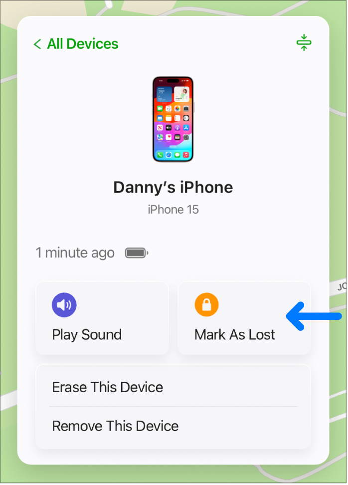 The Mark As Lost button in the device’s Info window.