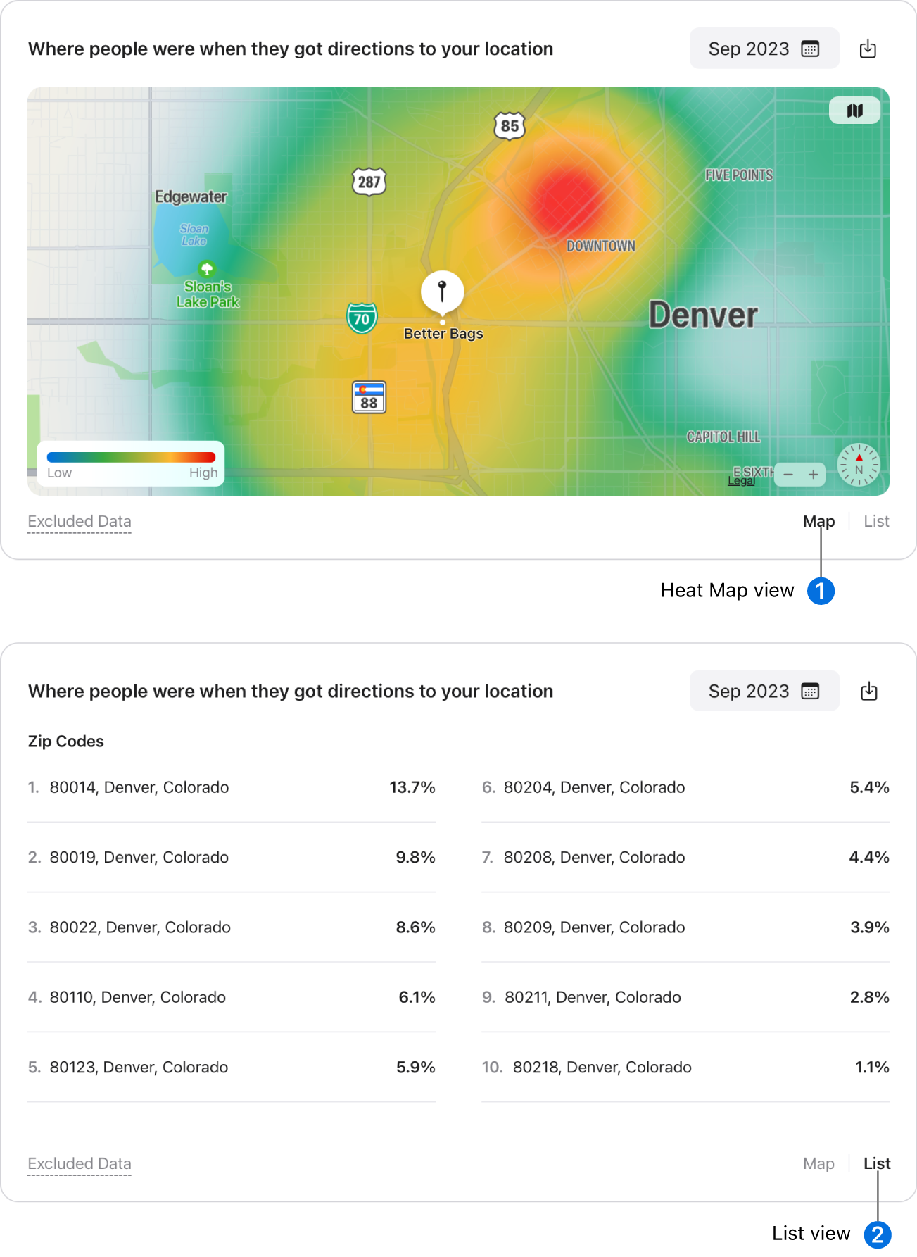 Data modulu Spatial Insights (Prostorové přehledy) se dvěma zobrazeními: teplotní mapou a zobrazením seznamu.