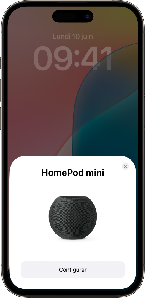 L’écran de configuration apparaît lorsque vous maintenez votre iPhone ou iPad près du HomePod.