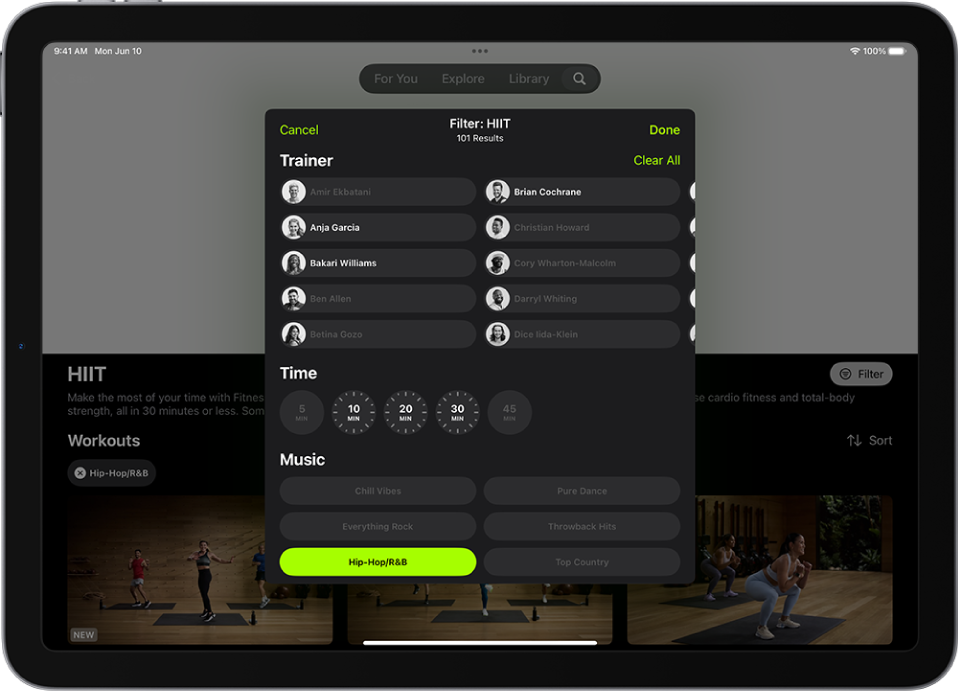 The Apple Fitness+ screen showing options to sort and filter workouts. At the top of the screen—is a list of trainers. Time intervals are in the center of the screen. Below Time is a list of music genres.