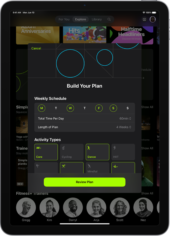 The Custom Plan screen, showing settings to choose the weekly schedule and length of the plan. Available activity types and the Review Plan button is at the bottom.