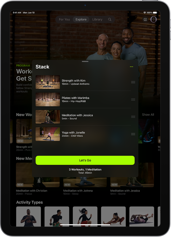 A screen showing a Stack with three workouts and one meditation. The Let’s Go button is at the bottom of the screen.