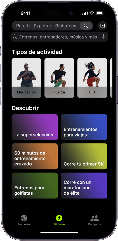 Pantalla Buscar de Apple Fitness+ con un campo de búsqueda en la parte superior. Debajo, la sección “Tipos de actividad” muestra los tipos de actividad destacados. Debajo, la sección Descubrir muestra seis categorías.