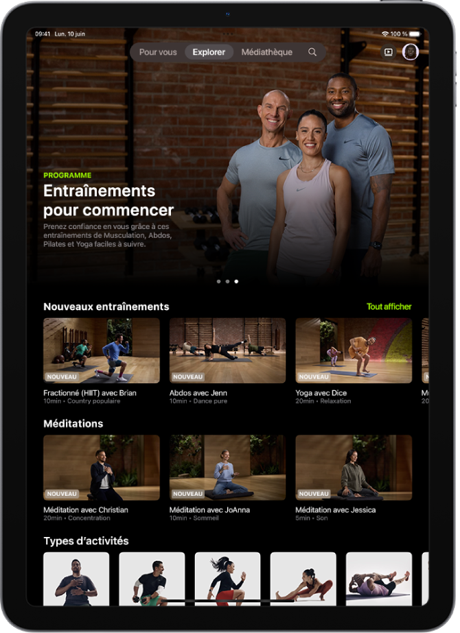 L’écran Explorer sur Apple Fitness+ affichant un programme d’entraînement en vedette, de nouveaux entraînements et de nouvelles méditations, ainsi que les types d’activité disponibles.