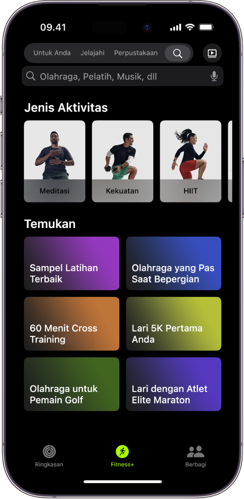 Layar Cari di Apple Fitness+ menampilkan bidang pencarian di bagian atas. Bagian Jenis Aktivitas di bawah menunjukkan jenis aktivitas unggulan. Bagian Temukan di bawah menampilkan enam kategori.