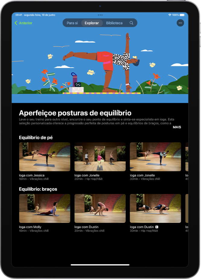 O ecrã de Apple Fitness+ mostra uma coleção de ioga. O título e a descrição da coleção estão no centro do ecrã. Por baixo do título da coleção estão linhas de treinos.