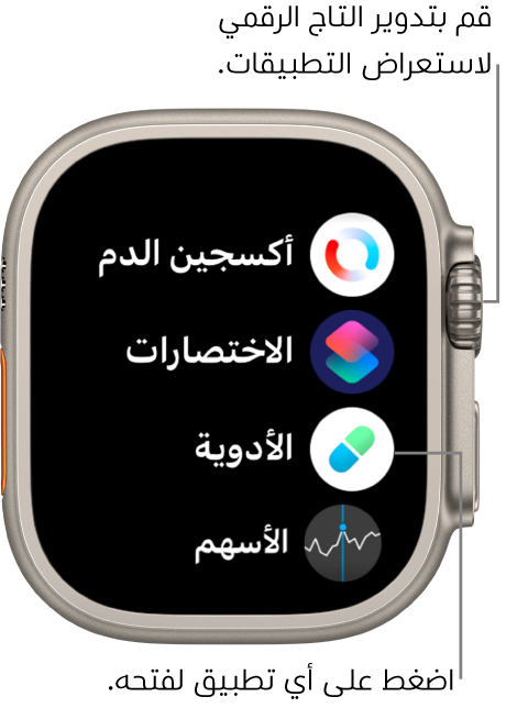 الشاشة الرئيسية في عرض القائمة في Apple Watch، حيث تبدو التطبيقات في قائمة. اضغط على تطبيق لفتحه. مرر لرؤية مزيد من التطبيقات.