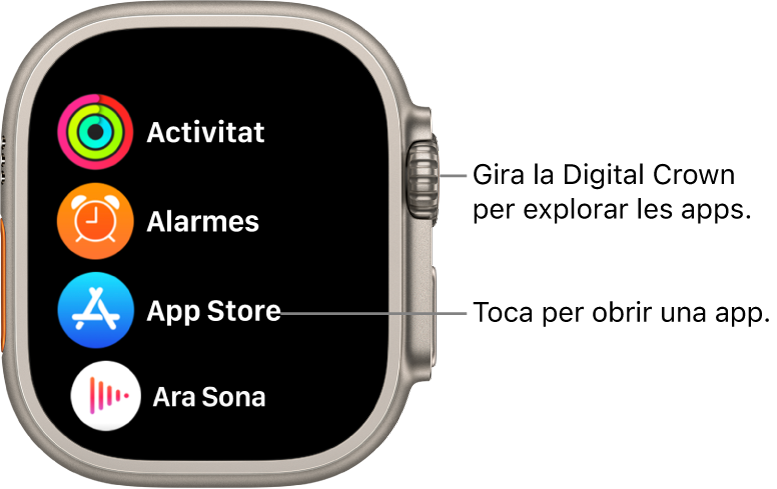 La pantalla d’inici de l’Apple Watch en vista en llista amb les apps en una llista. Toca una app per obrir-la. Desplaça’t per veure més apps.