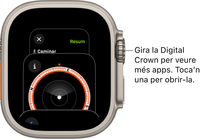 El selector d’apps mostra l’app Brúixola. Gira la Digital Crown per veure més apps. Toca’n una per obrir-la.