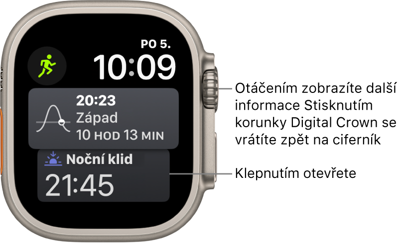 Ciferník Siri s datem a časem vpravo nahoře. Vlevo nahoře se nachází komplikace Měsíční fáze. pod ní komplikace Východ/západ a dole komplikace Spánek.