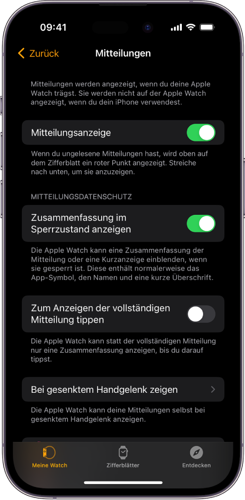 Die Anzeige „Mitteilungen“ in der Apple Watch-App auf dem iPhone mit verschiedenen Quellen für Mitteilungen.