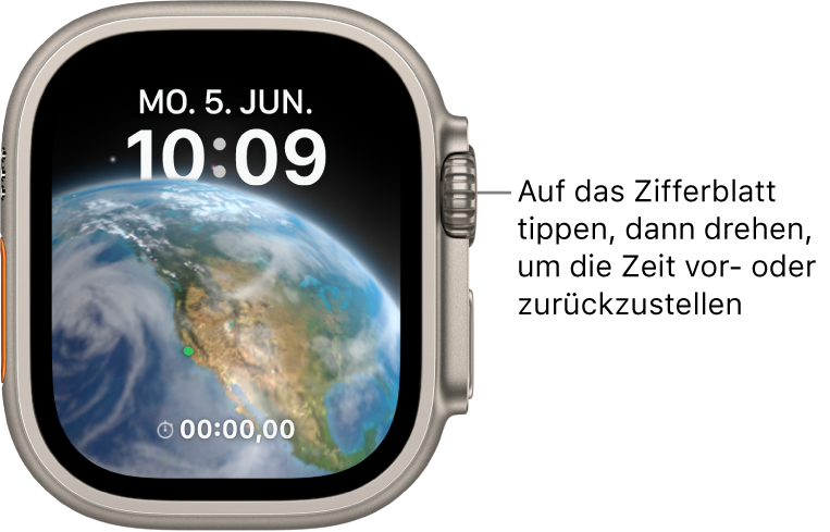 Auf dem Zifferblatt „Astronomie“ werden Wochentag, Datum und aktuelle Uhrzeit angezeigt. Unten ist die Komplikation „Timer“ zu sehen. Tippe auf das Zifferblatt und drehe dann die Digital Crown, um in der Zeit vor- oder zurückzugehen.