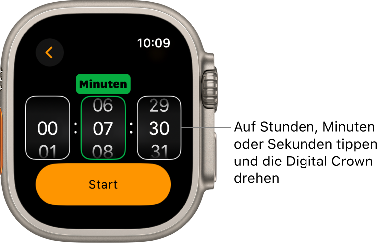 Einstellungen zum Stellen eines eigenen Timers mit den Stunden links, den Minuten in der Mitte und den Sekunden rechts. Die Starttaste befindet sich darunter.