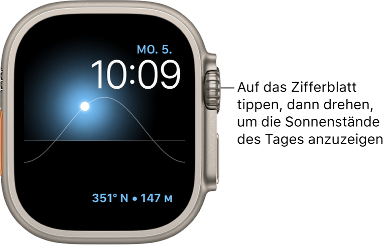 Auf dem Zifferblatt „Sonnendiagramm“ werden Wochentag, Datum und aktuelle Uhrzeit angezeigt; die nicht verstellt werden können. Eine Komplikation „Kompass/Richtung“ befindet sich unten rechts. Tippe auf das Zifferblatt und drehe dann die Digital Crown, um den Stand der Sonne auf Abenddämmerung, Morgendämmerung, Zenit, Sonnenuntergang oder Nacht zu ändern.