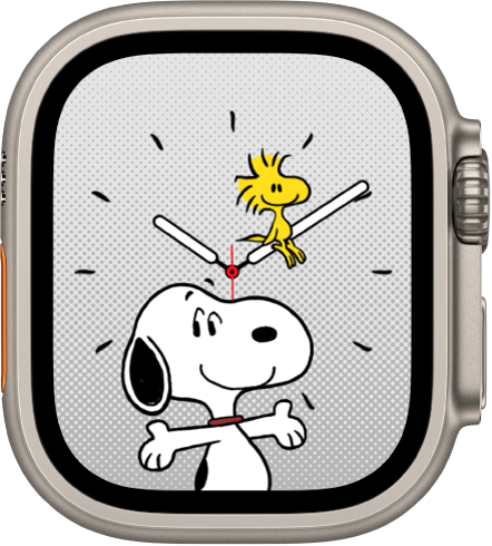 Das Zifferblatt „Snoopy“ mit Snoopy und Woodstock. Snoopy breitet seine Arme aus und lächelt. Woodstock sitzt auf dem Minutenzeiger und sieht sehr zufrieden aus.