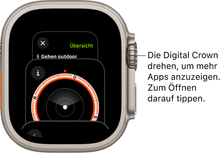 Der App-Umschalter mit der App „Kompass“. Drehe die Digital Crown, um weitere Apps anzuzeigen. Tippe auf die gewünschte App, um sie zu öffnen.