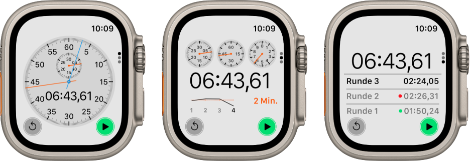 Drei verschiedene Stoppuhren in der App „Stoppuhr“: Eine analoge Stoppuhr, eine hybride Stoppuhr mit Zeitanzeige in sowohl analoger als auch digitaler Form und eine digitale Stoppuhr mit einem Rundenzähler. Jede der Stoppuhren verfügt über eine Taste zum Starten und zum Zurücksetzen.