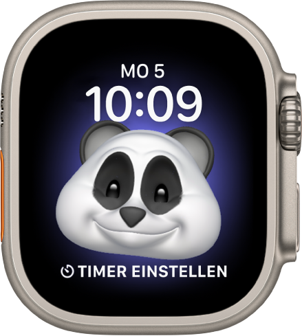 Das Zifferblatt „Memoji“, auf dem du die Memoji-Figur anpassen kannst. Unten befindet sich eine Komplikation. Tippe auf das Display, um das Memoji zu animieren. Datum und Uhrzeit werden oben angezeigt und die Komplikation „Timer“ befindet sich unten.