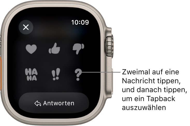 Eine Konversation in „Nachrichten“ mit Optionen für Tapback: Herz, Daumen hoch, Daumen runter, Ha Ha, !! und ?. Darunter befindet sich die Taste „Antworten“.