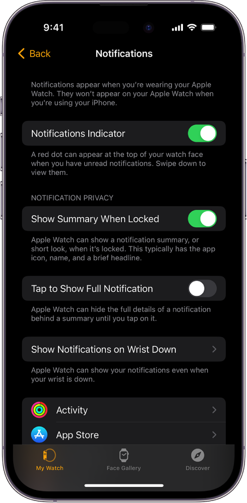 The Notifications screen in the Apple Watch app on iPhone, showing sources of notifications.