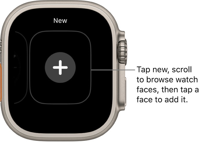 New watch face screen, with a plus button in the middle. Tap to add a new watch face.