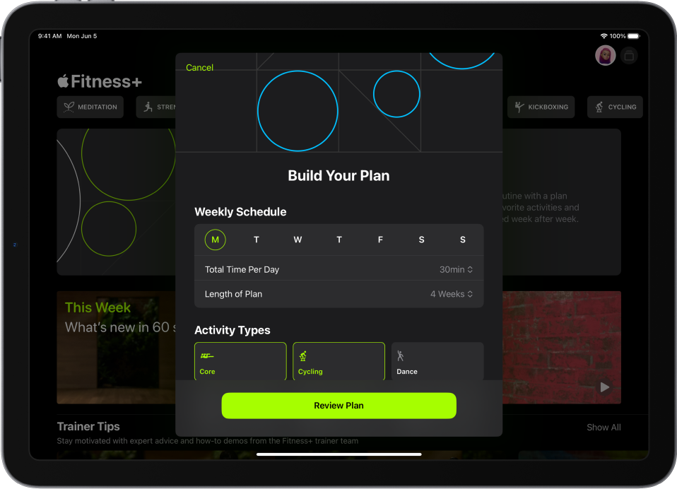 The Custom Plan screen, showing settings to choose the weekly schedule and length of the plan. Available activity types and the Review Plan button is at the bottom.