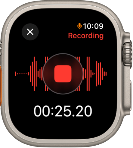 The Voice Memos app in the midst of recording a memo. A red Stop button is in the middle. Below is the recording’s elapsed time. The word Recording appears at the top right.