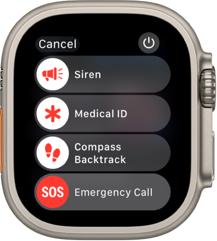 The Apple Watch screen showing four sliders: Siren, Medical ID, Compass Backtrack, and Emergency Call. The Power button is at the top right.