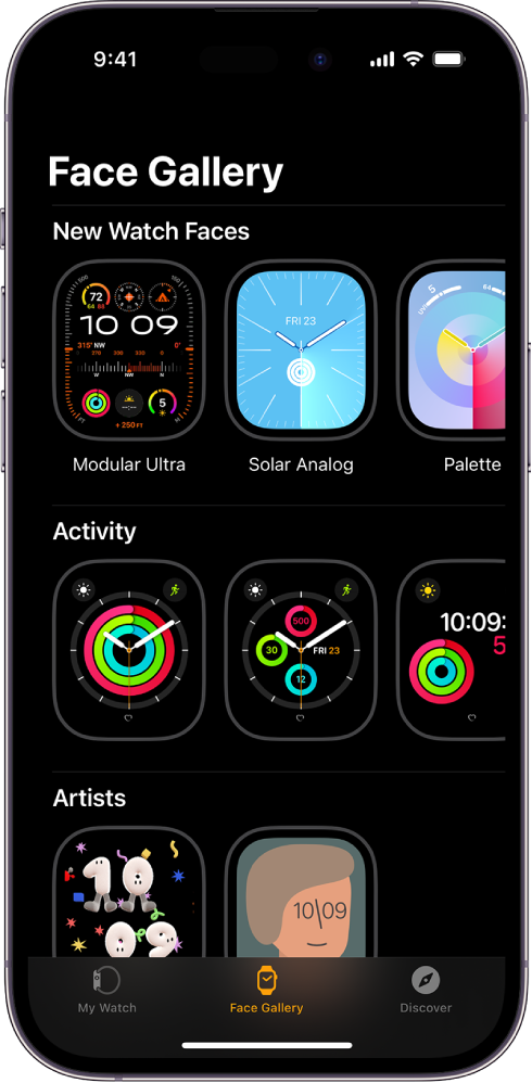 Apple Watch app open to the Face Gallery. The top row shows faces that are new, the next rows show watch faces grouped by type—Activity and Artists, for example. You can scroll to see more faces grouped by type.