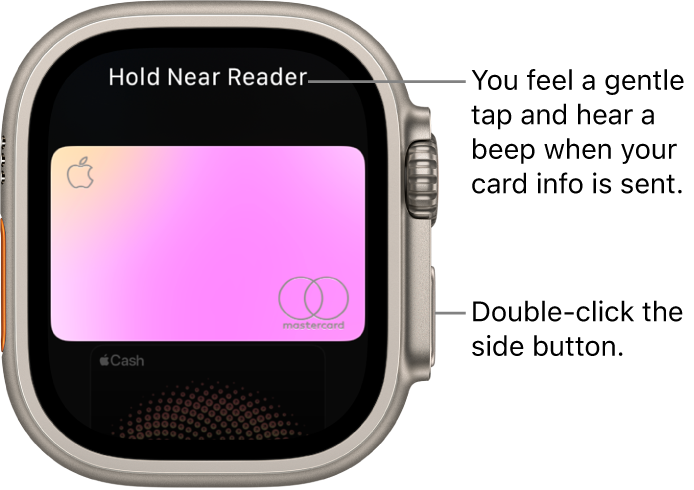 Apple Pay screen with “Hold Near Reader” at the top; you feel a gentle tap and hear a beep when your card info is sent.