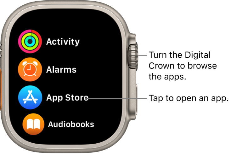 Home Screen in list view on Apple Watch, with apps in a list. Tap an app to open it. Scroll to see more apps.