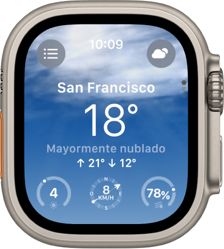 La app Clima mostrando un panorama general del estado del clima del día. El nombre de la ubicación aparece con la temperatura debajo. Hay tres botones en la parte inferior: Índice de rayos UV, Velocidad del viento y Precipitación. El botón Lista de ubicaciones está en la esquina superior izquierda y el botón Estado del clima está en la esquina superior derecha.