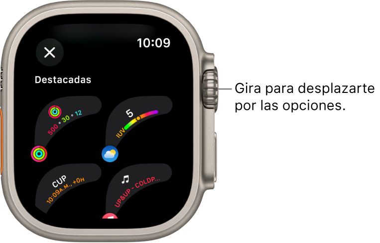 La pantalla personalizada de una carátula mostrando complicaciones destacadas. Gira la corona Digital Crown para explorar las complicaciones.