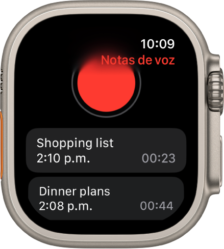 Apple Watch mostrando la pantalla de Notas de Voz. Hay un botón rojo de grabación en la esquina superior. Debajo aparecen dos notas de voz. Las notas de voz muestran las horas en que se grabaron y su duración.