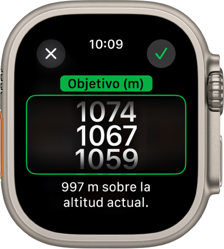 La app Brújula mostrando la pantalla Altitud objetivo. Aparece una lista desplegable de altitudes en medio de la pantalla. Aparece una lista desplegable de altitudes en medio de la pantalla. Debajo de la lista hay una indicación de la distancia superior o inferior de la altitud seleccionada con respecto a tu altitud actual. En la parte superior están los botones Cerrar y Seleccionar.