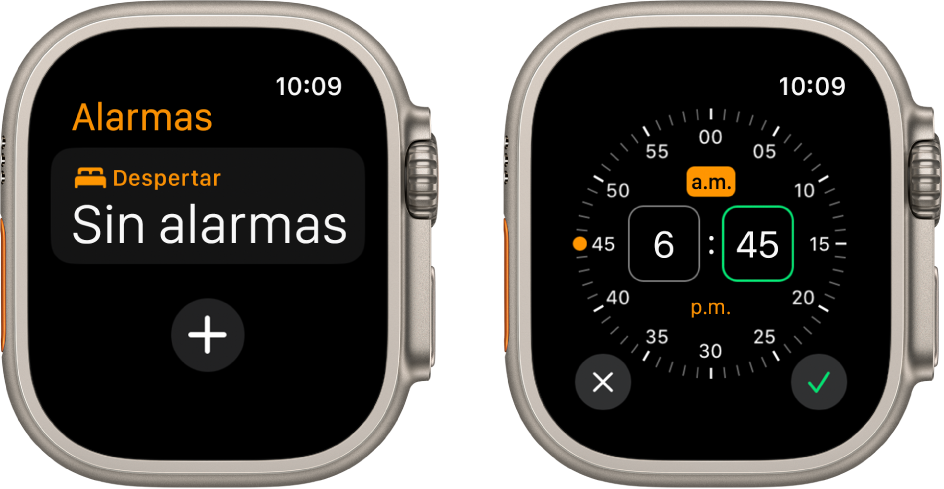 Dos pantallas de relojes mostrando el proceso para agregar una alarma: Toca Agregar alarma, selecciona a.m. o p.m., gira la corona Digital Crown para ajustar la hora y toca el botón Establecer.