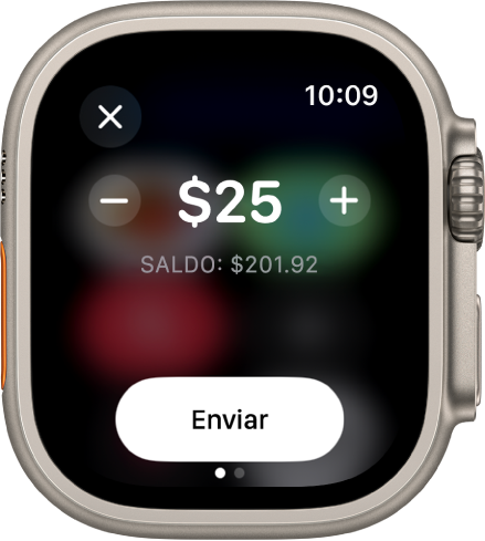 Pantalla de Mensajes mostrando un pago de Apple Cash que se está preparando. Hay una cantidad en dolares en la parte superior. Debajo se muestra el saldo actual y el botón Enviar.