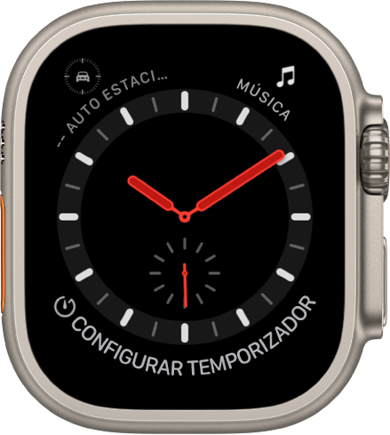 La carátula Exploración es un reloj analógico. Muestra tres complicaciones: Punto de referencia del auto estacionado en la parte superior izquierda, Música en la parte superior derecha y Temporizador en la parte inferior.