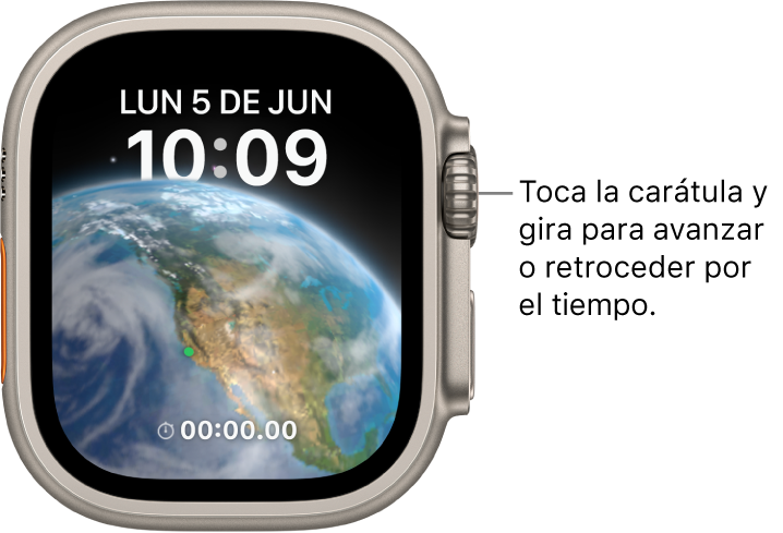 La carátula Astronomía muestra el día, la fecha y la hora actual. Hay una complicación Temporizador en la parte inferior. Toca la carátula y gira la Digital Crown para avanzar o retroceder el tiempo.