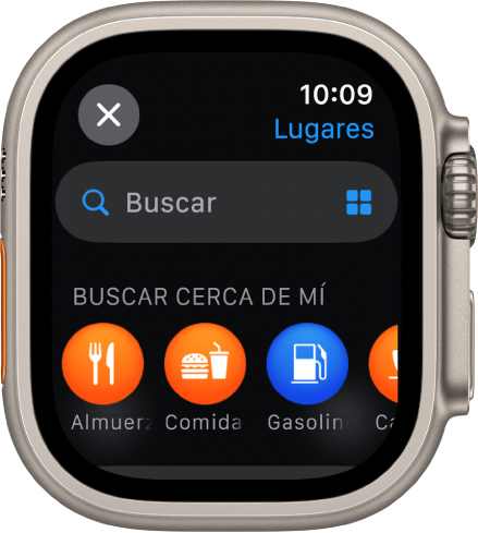 La pantalla de Buscar en la app Mapas con el campo Buscar cerca de la parte superior. El encabezado Buscar cerca aparece cerca de la parte inferior y debajo de él se muestran categorías como Comida y Gasolineras.