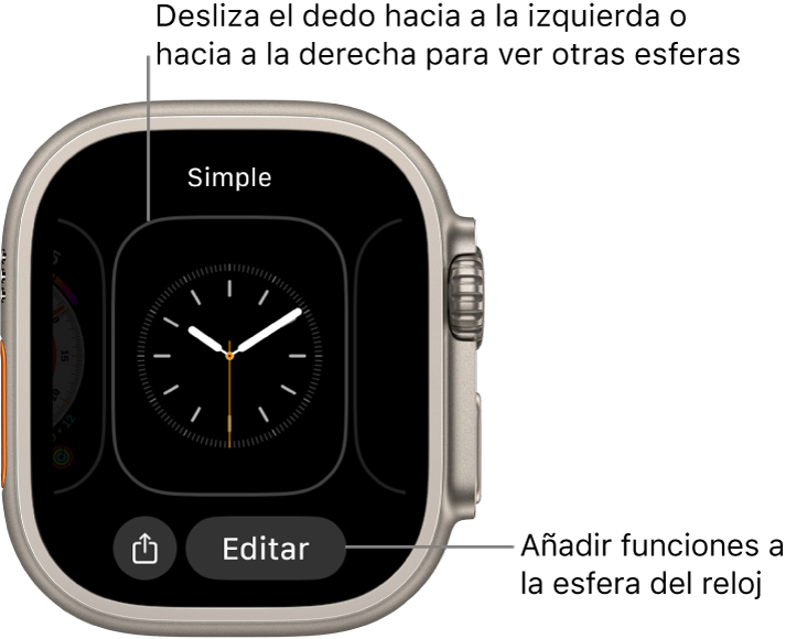 Cuando mantienes pulsada la esfera del reloj, ves la esfera actual con el botón Compartir y Editar en la parte inferior. El nombre de la esfera aparece en la parte superior. Desliza el dedo hacia la izquierda o hacia la derecha para ver otras esferas. Toca una complicación para añadir las funciones que quieras.