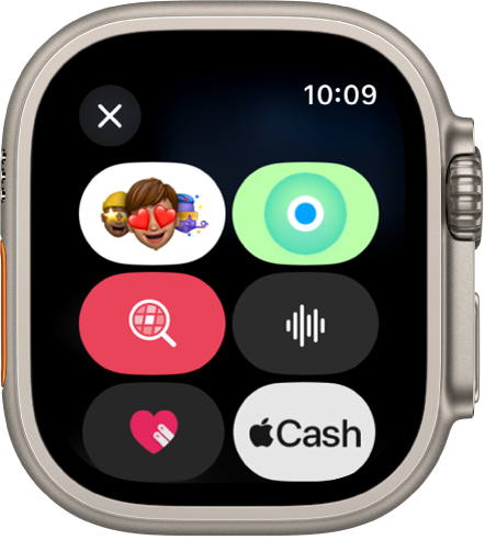 Una pantalla de Mensajes, con el botón “Apple Cash” y los botones Memoji, Ubicación, GIF, Audio y “Digital Touch”.