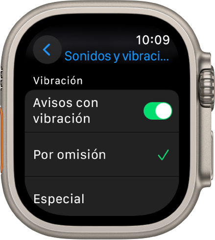 Ajustes de “Sonidos y vibraciones” en el Apple Watch, con el interruptor “Avisos con vibración”, y debajo las opciones “Por omisión” y Especial.