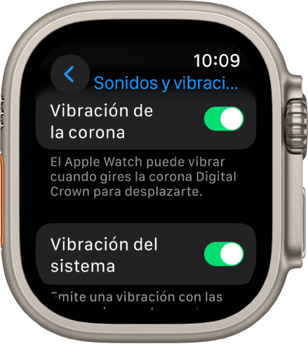 La pantalla “Vibración de la corona” con la opción “Vibración de la corona” activada. Debajo aparece la opción “Vibración del sistema”.